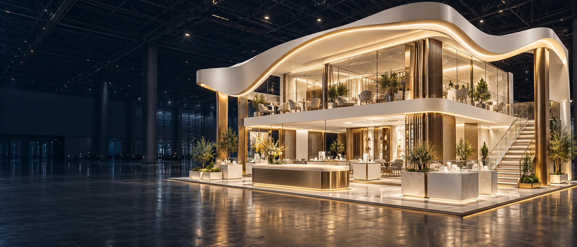 现代双层展台概念效果图，香槟金灯光与流线型建筑
